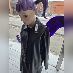 Renuar Black Button-Up Blouse Faux Leather